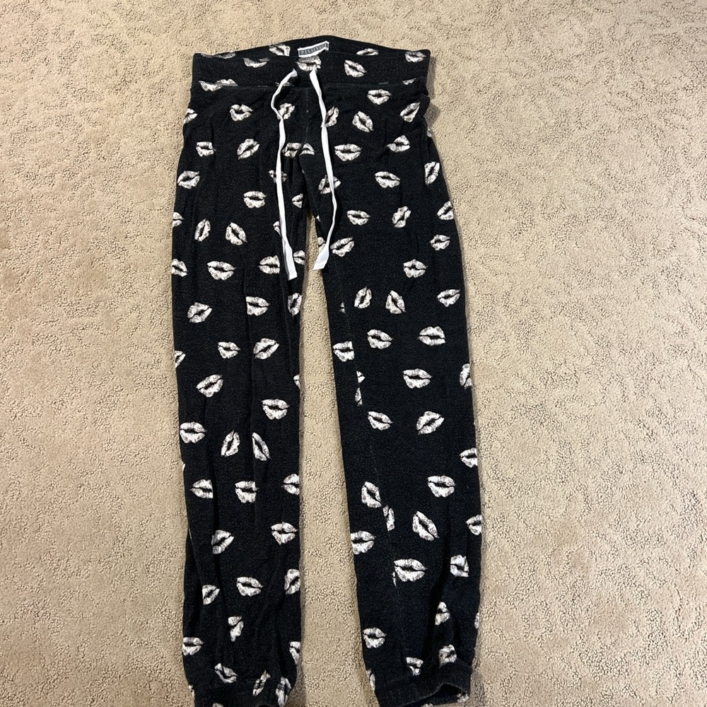 PJ Salvage Black and White Track Pants with Lip Print
